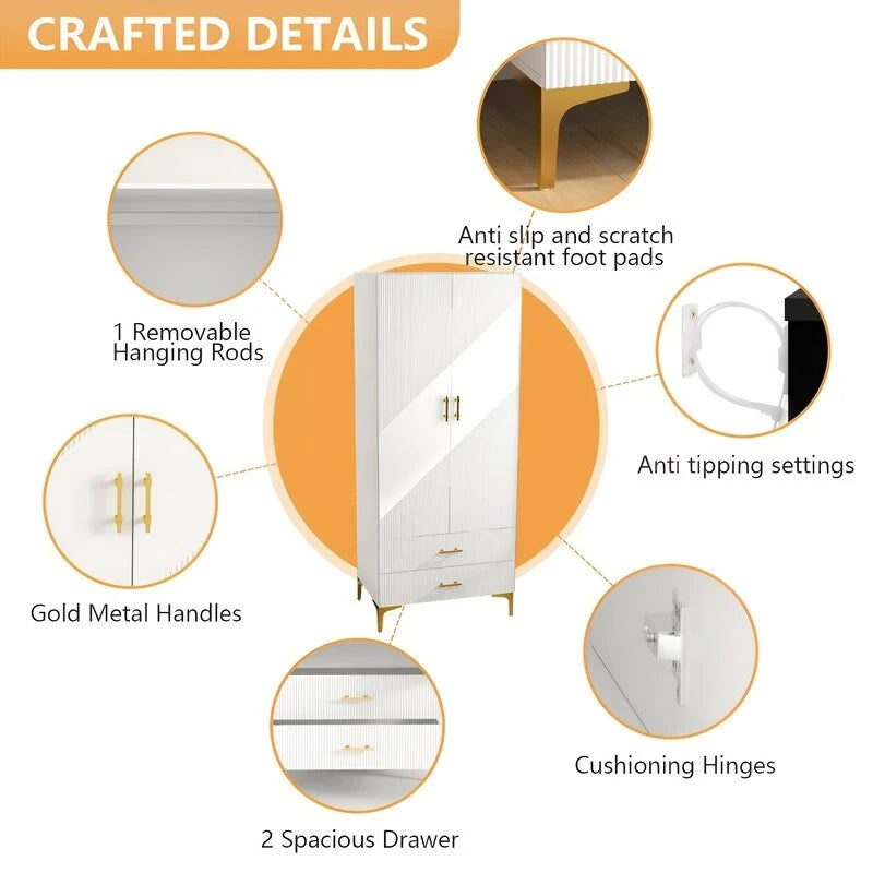 Armoire 2 portes 2 tiroirs, armoire blanche, meuble de rangement, convient aux armoires de chambres à coucher, de bureaux