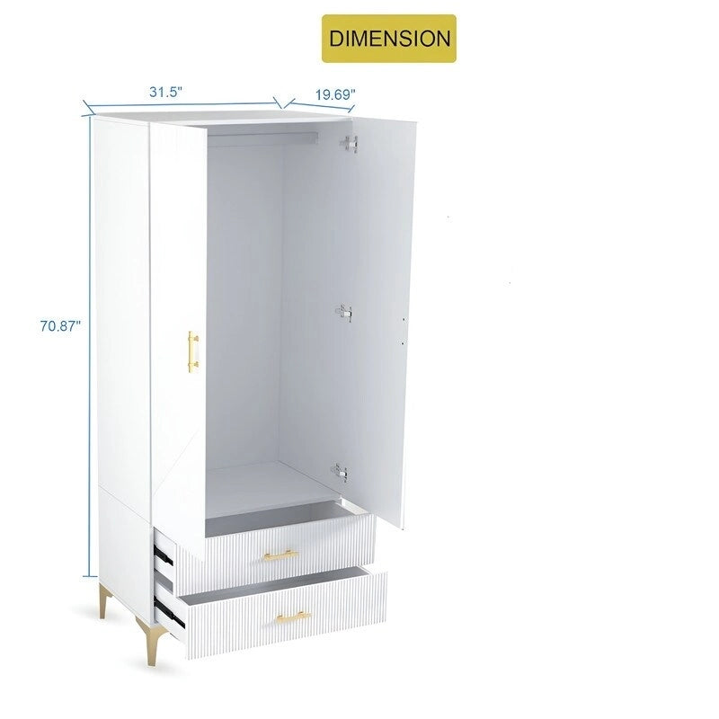 Armoire 2 portes 2 tiroirs, armoire blanche, meuble de rangement, convient aux armoires de chambres à coucher, de bureaux