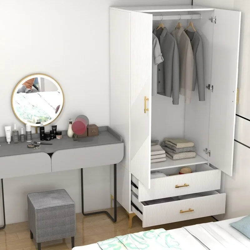 Armoire 2 portes 2 tiroirs, armoire blanche, meuble de rangement, convient aux armoires de chambres à coucher, de bureaux
