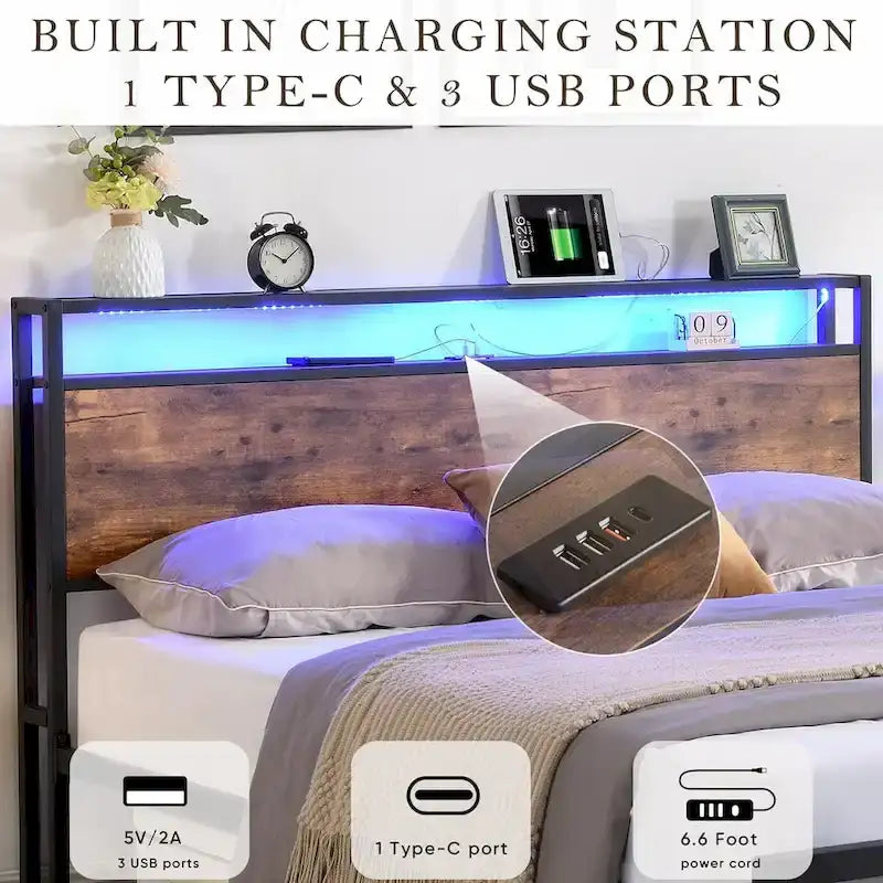 Cadre de lit double avec tête de lit de rangement et 2 tiroirs, lit LED avec station de recharge