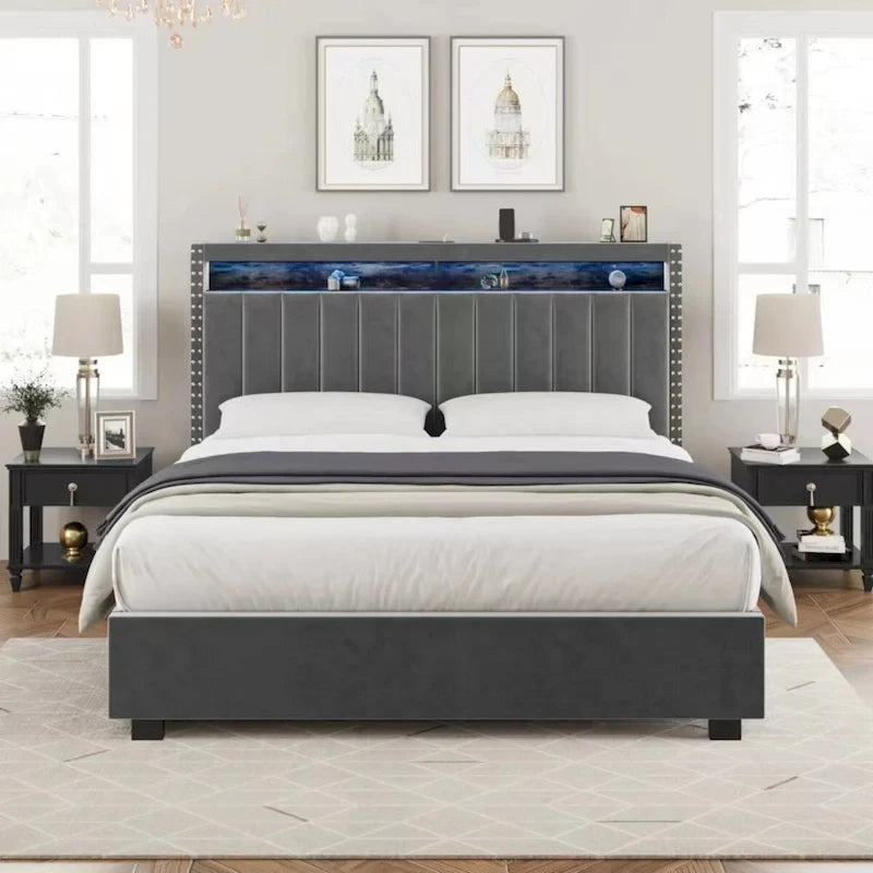 Lit coffre King Size avec vérins à gaz et éclairage LED RF, tête de lit de rangement, velours King Size