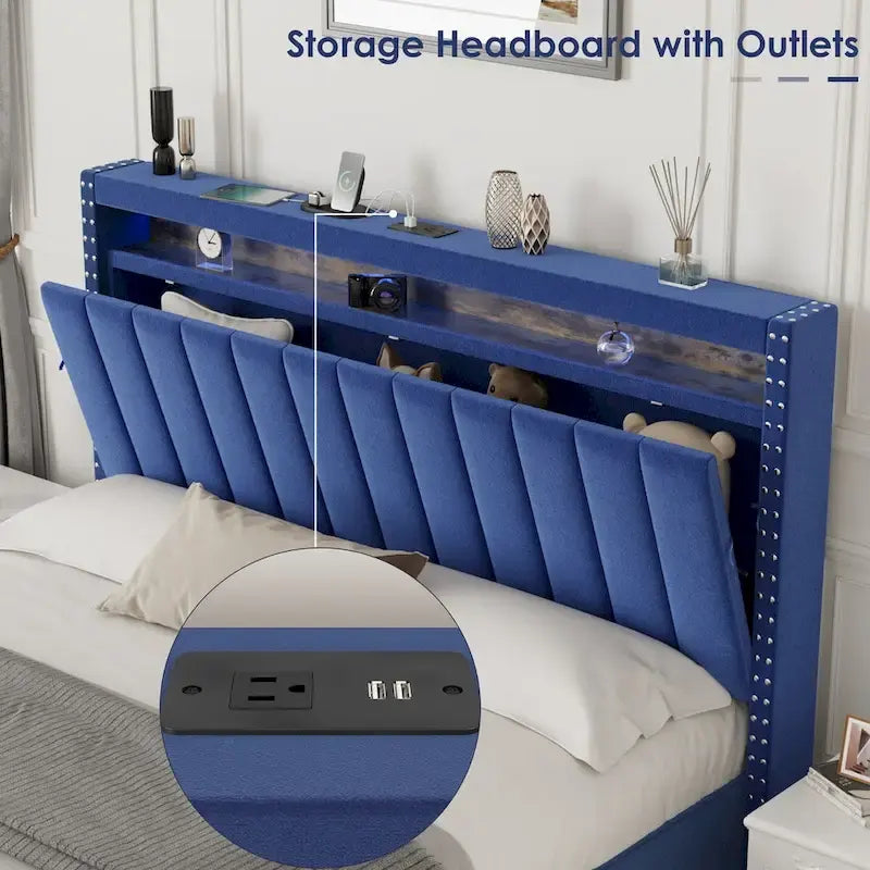 Lit coffre King Size avec vérins à gaz et éclairage LED RF, tête de lit de rangement, velours King Size