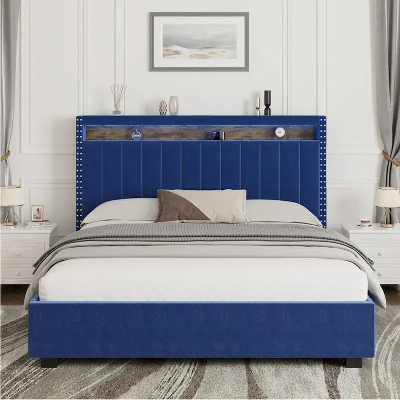 Lit coffre King Size avec vérins à gaz et éclairage LED RF, tête de lit de rangement, velours King Size