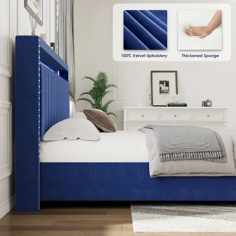 Lit coffre King Size avec vérins à gaz et éclairage LED RF, tête de lit de rangement, velours King Size