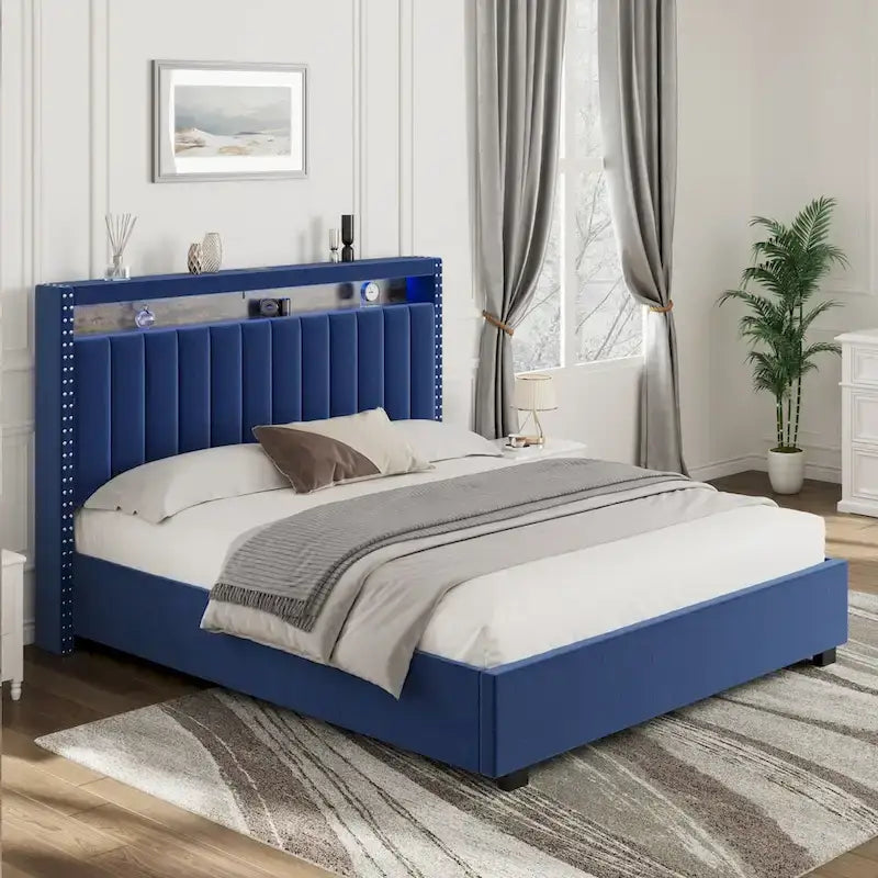 Lit coffre King Size avec vérins à gaz et éclairage LED RF, tête de lit de rangement, velours King Size