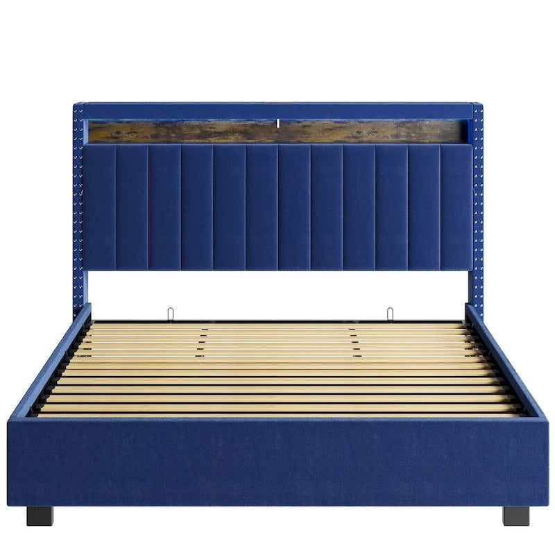 Lit coffre King Size avec vérins à gaz et éclairage LED RF, tête de lit de rangement, velours King Size