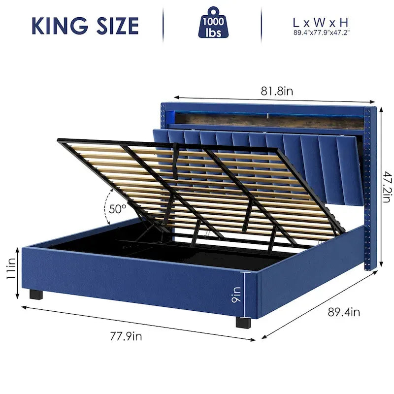 Lit coffre King Size avec vérins à gaz et éclairage LED RF, tête de lit de rangement, velours King Size