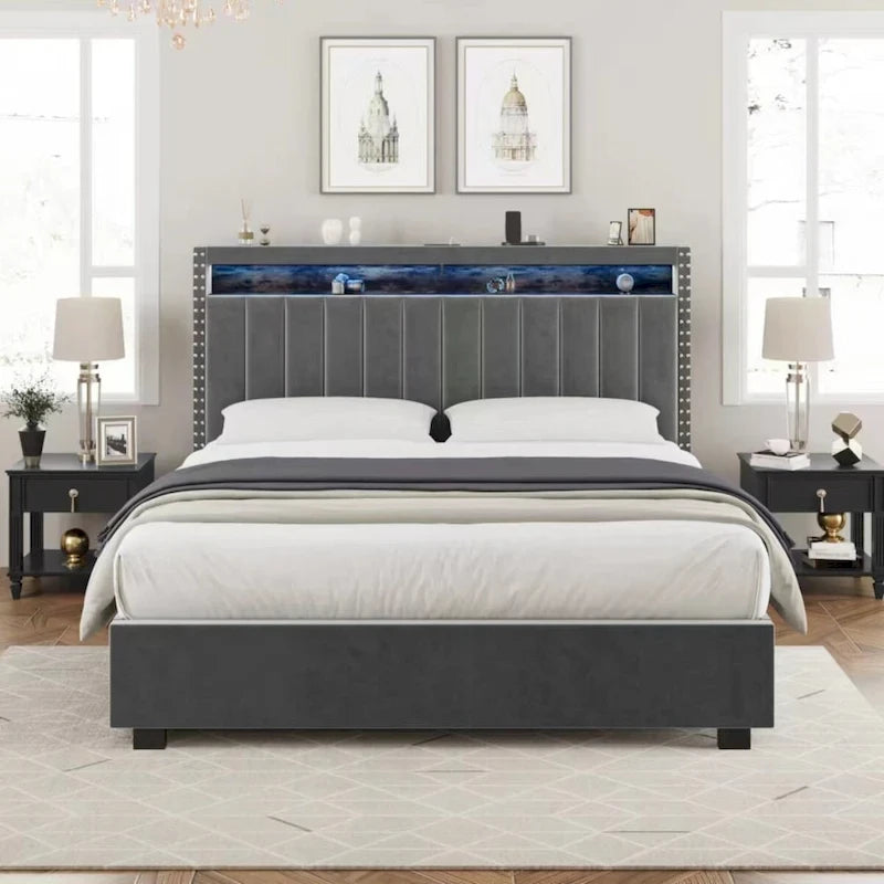Lit coffre King Size avec vérins à gaz et éclairage LED RF, tête de lit de rangement, velours King Size