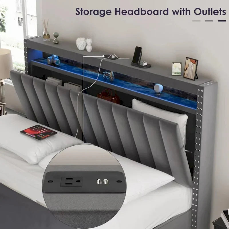 Lit coffre King Size avec vérins à gaz et éclairage LED RF, tête de lit de rangement, velours King Size