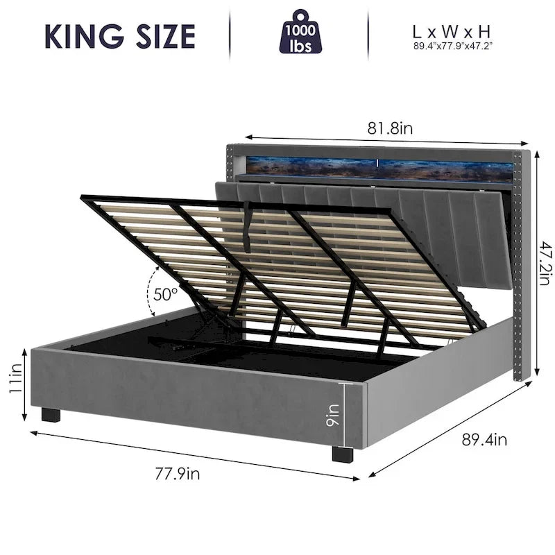 Lit coffre King Size avec vérins à gaz et éclairage LED RF, tête de lit de rangement, velours King Size