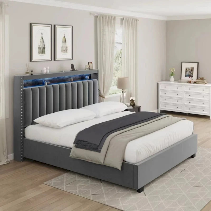 Lit coffre King Size avec vérins à gaz et éclairage LED RF, tête de lit de rangement, velours King Size