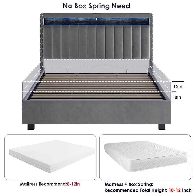 Lit coffre King Size avec vérins à gaz et éclairage LED RF, tête de lit de rangement, velours King Size