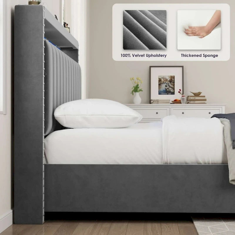 Lit coffre King Size avec vérins à gaz et éclairage LED RF, tête de lit de rangement, velours King Size