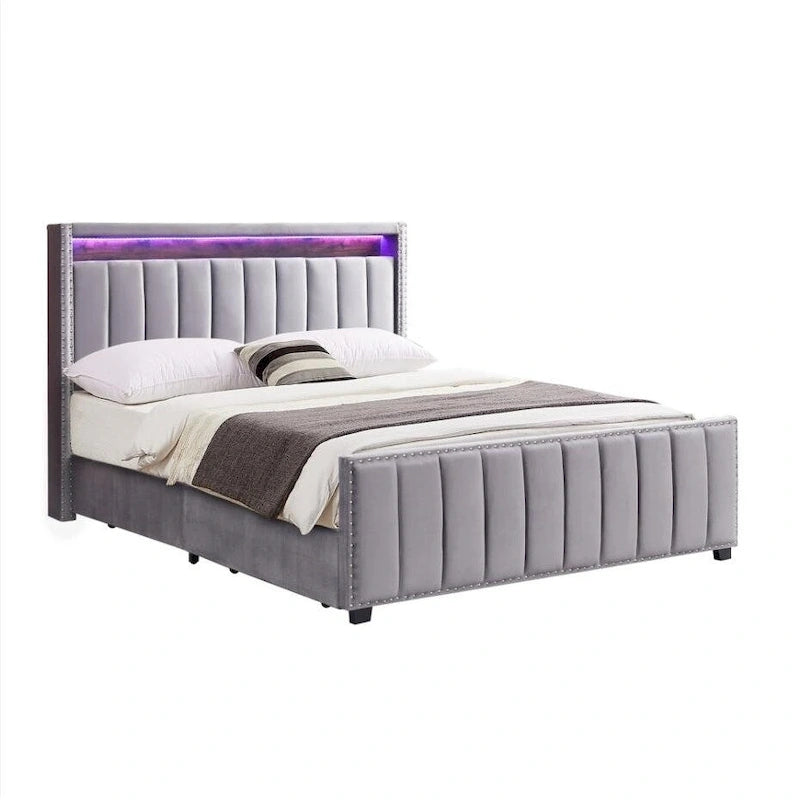 Lit coffre King Size avec vérins à gaz et éclairage LED RF, tête de lit de rangement, velours King Size