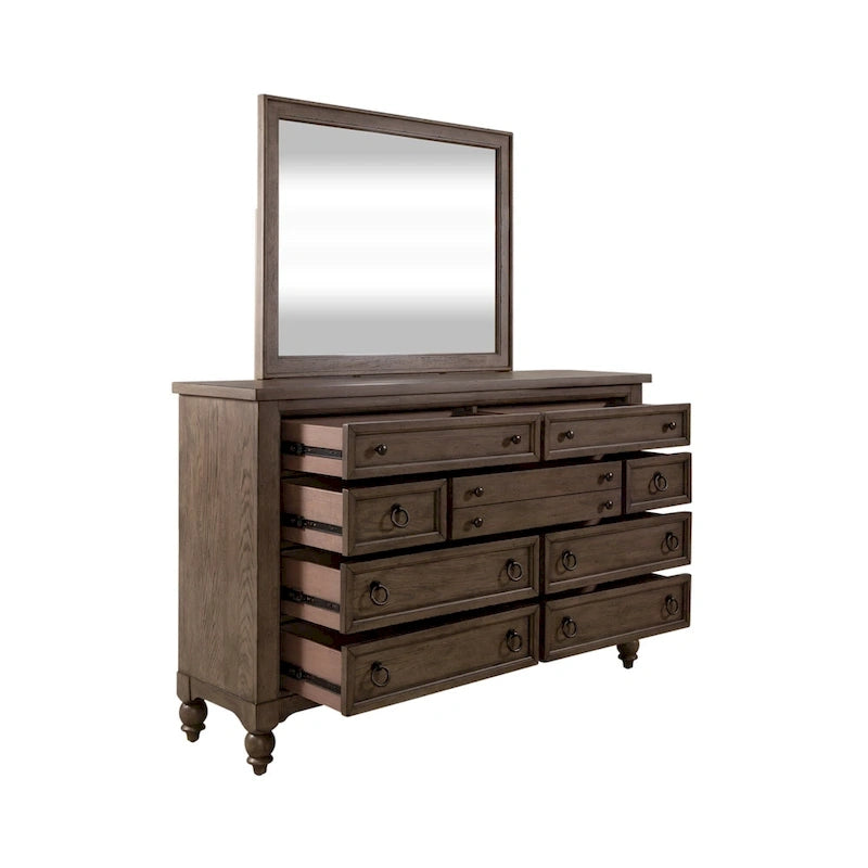 Ensemble de chambre à coucher Americana Farmhouse comprenant un lit traîneau, une commode et un miroir