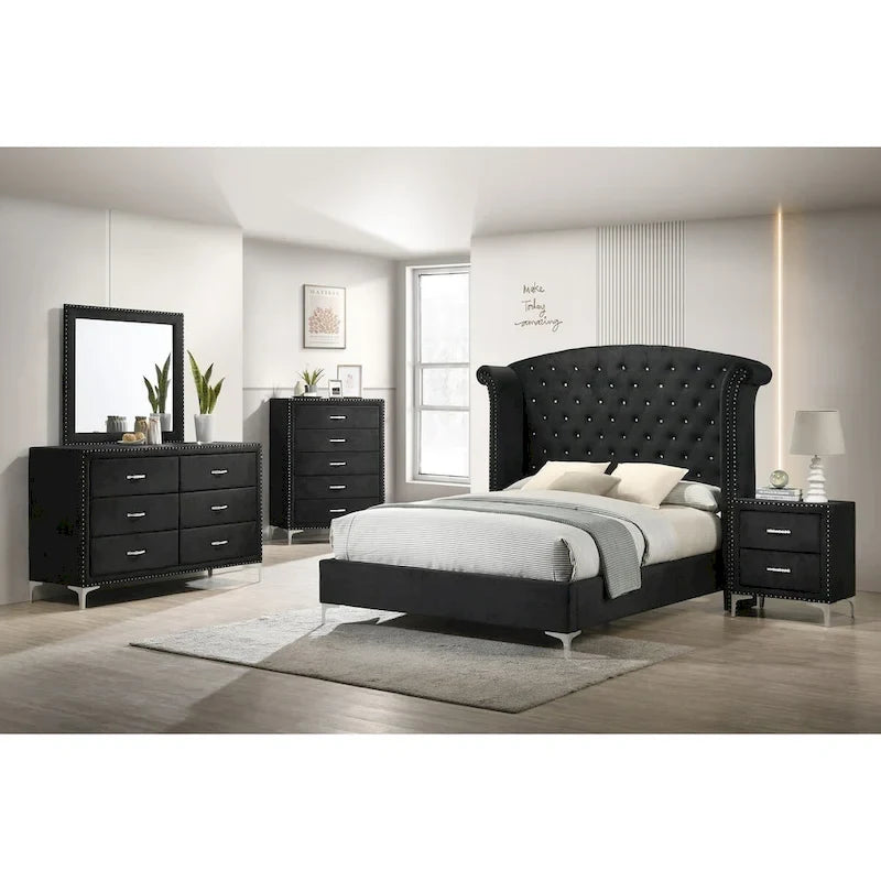 Lit King Sheridan Black Velvet avec tête de lit en velours touffeté et dossier d'ailes