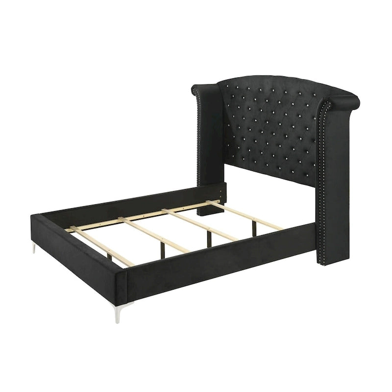 Lit King Sheridan Black Velvet avec tête de lit en velours touffeté et dossier d'ailes
