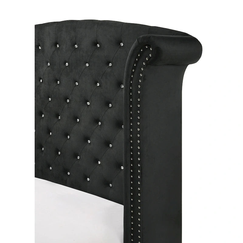 Lit King Sheridan Black Velvet avec tête de lit en velours touffeté et dossier d'ailes