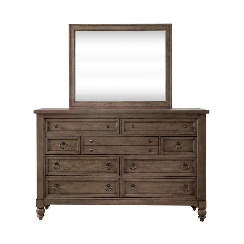Ensemble de chambre à coucher Americana Farmhouse comprenant un lit traîneau, une commode, un miroir et une table de chevet
