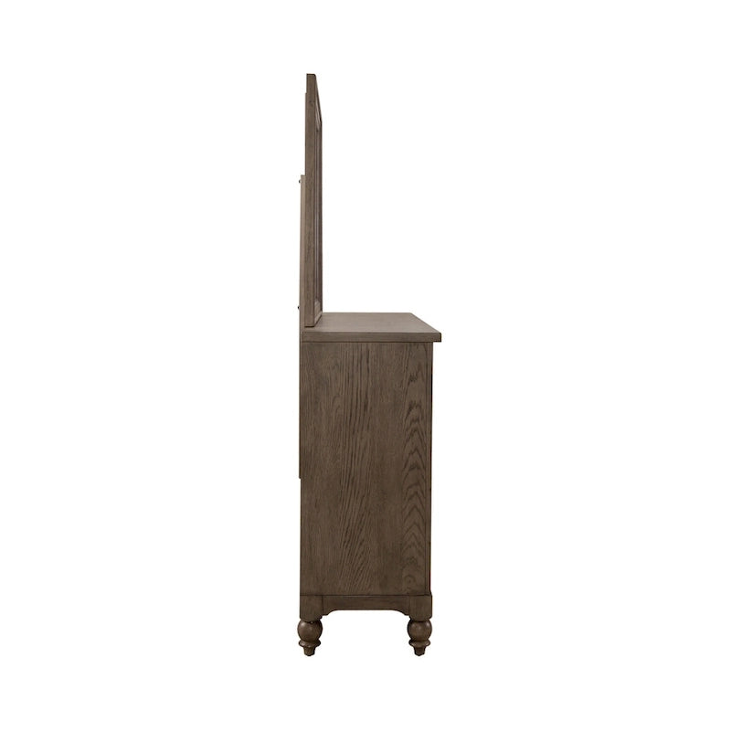 Ensemble de chambre à coucher Americana Farmhouse comprenant un lit traîneau, une commode, un miroir et une table de chevet