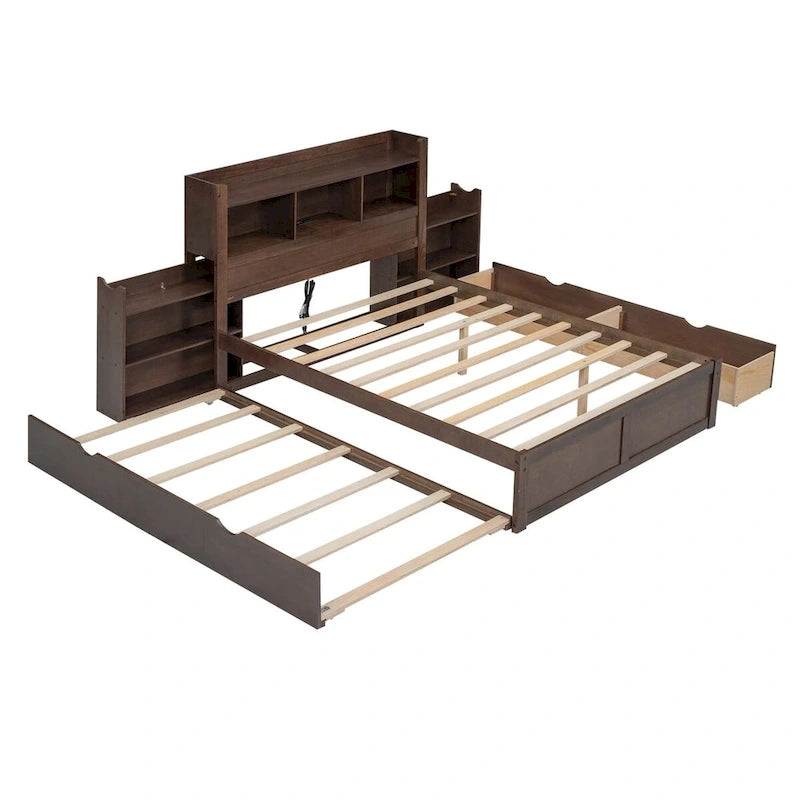 Lit plateforme de rangement pleine grandeur Merax avec étagères coulissantes, lit gigogne simple et 2 tiroirs
