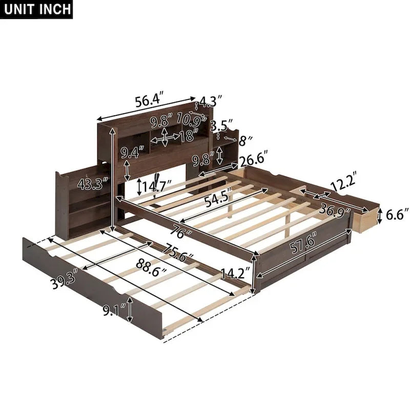 Lit plateforme de rangement pleine grandeur Merax avec étagères coulissantes, lit gigogne simple et 2 tiroirs