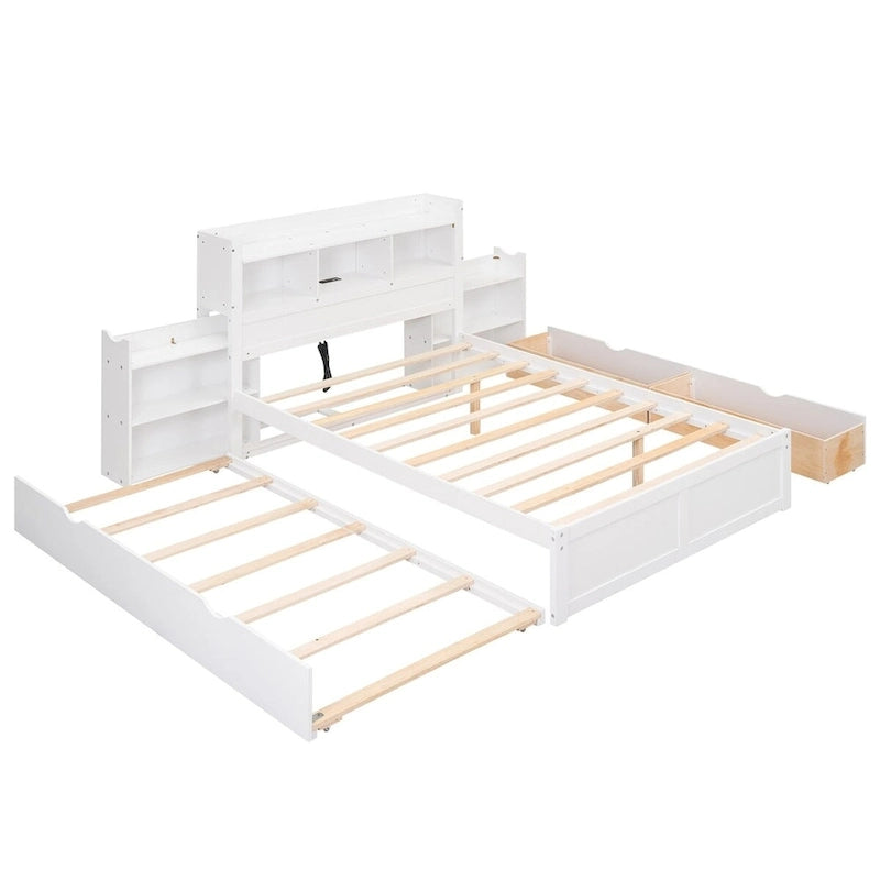 Lit plateforme de rangement pleine grandeur Merax avec étagères coulissantes, lit gigogne simple et 2 tiroirs
