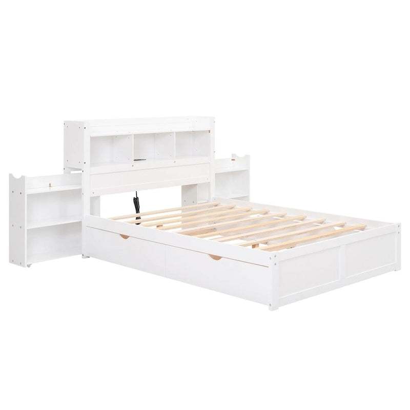 Lit plateforme de rangement pleine grandeur Merax avec étagères coulissantes, lit gigogne simple et 2 tiroirs