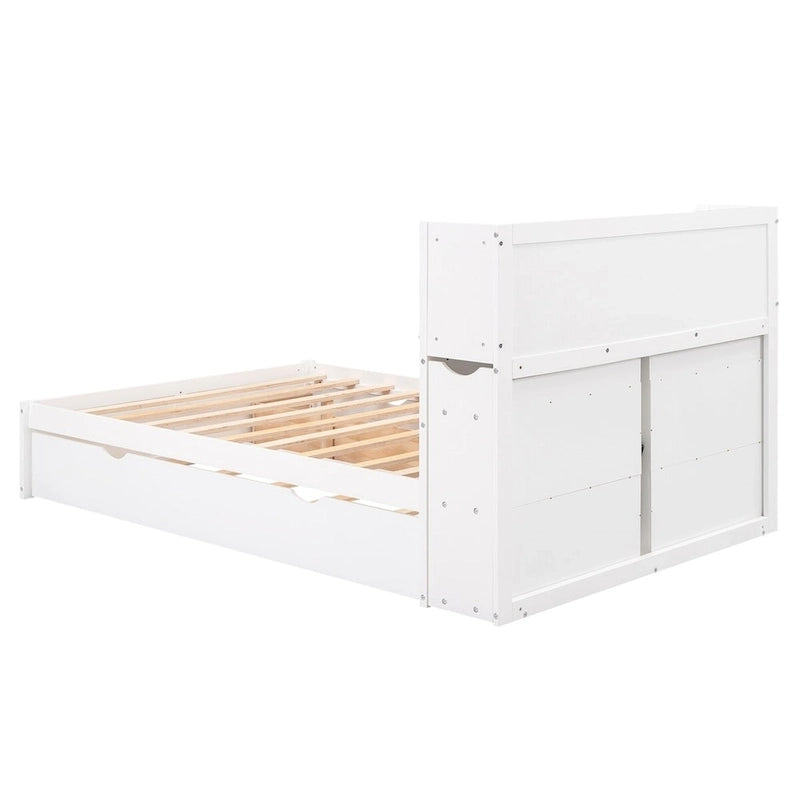 Lit plateforme de rangement pleine grandeur Merax avec étagères coulissantes, lit gigogne simple et 2 tiroirs