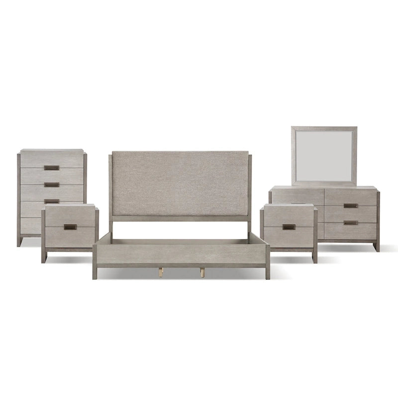Ensemble de chambre Furniture of America Cruz contemporain gris en bois massif 6 pièces : lit, 2 tables de nuit, commode, coiffeuse et miroir