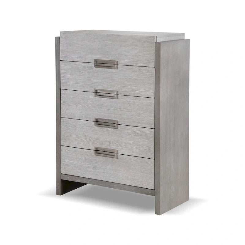Ensemble de chambre Furniture of America Cruz contemporain gris en bois massif 6 pièces : lit, 2 tables de nuit, commode, coiffeuse et miroir