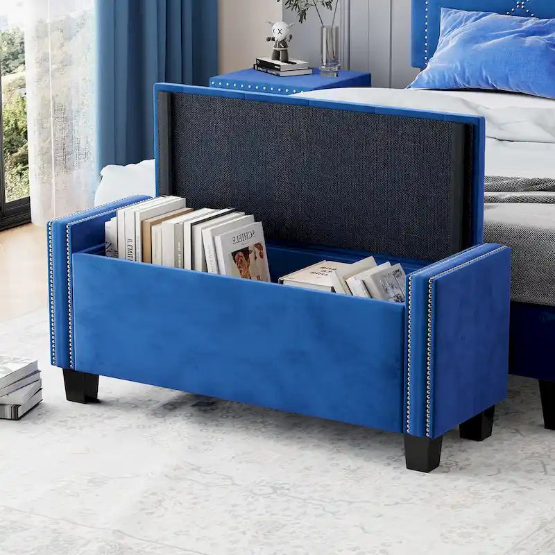Banc Ottoman de Rangement en Velours capitonné pour Chambre à Coucher, Banc Bout de Lit avec Rivets, Repose-pieds capitonné