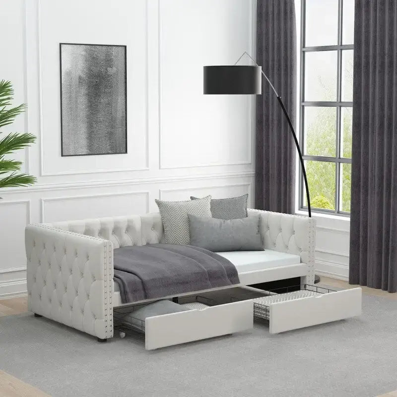 Lit de repos capitonné simple avec tiroirs, boutons et clous cuivrés