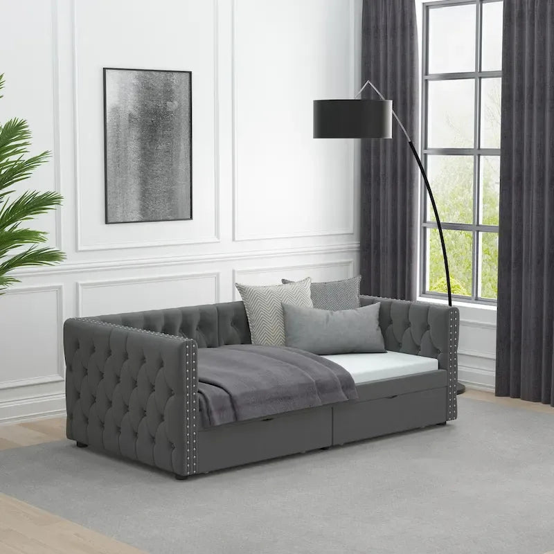 Lit de repos capitonné simple avec tiroirs, boutons et clous cuivrés