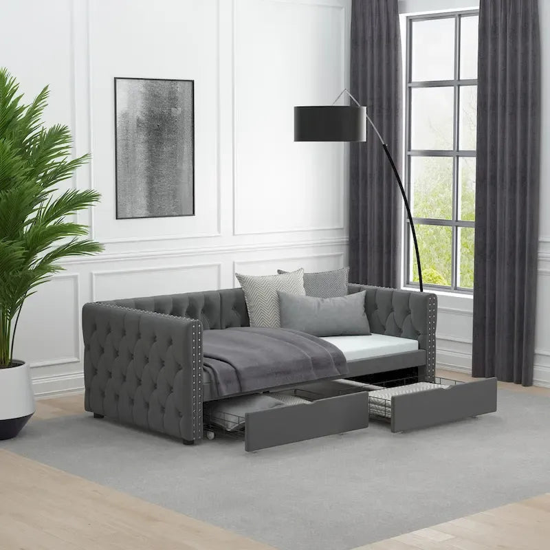 Lit de repos capitonné simple avec tiroirs, boutons et clous cuivrés