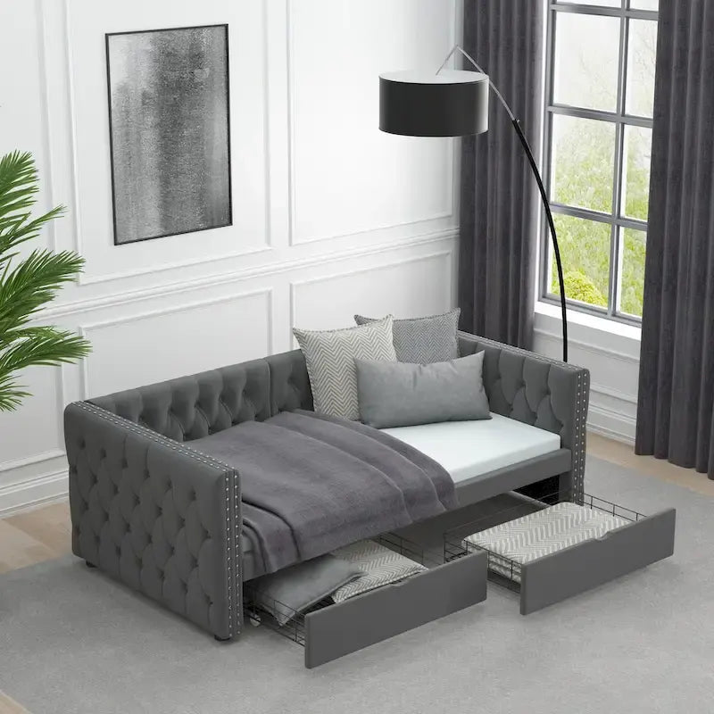 Lit de repos capitonné simple avec tiroirs, boutons et clous cuivrés