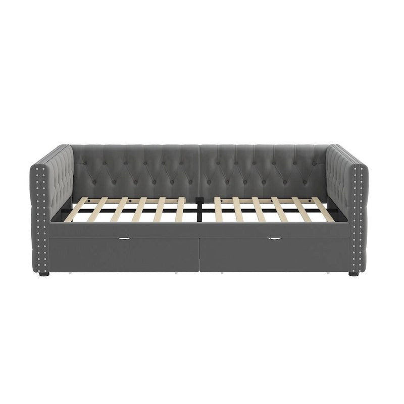 Lit de repos capitonné simple avec tiroirs, boutons et clous cuivrés