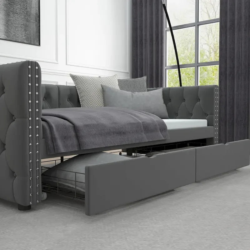 Lit de repos capitonné simple avec tiroirs, boutons et clous cuivrés