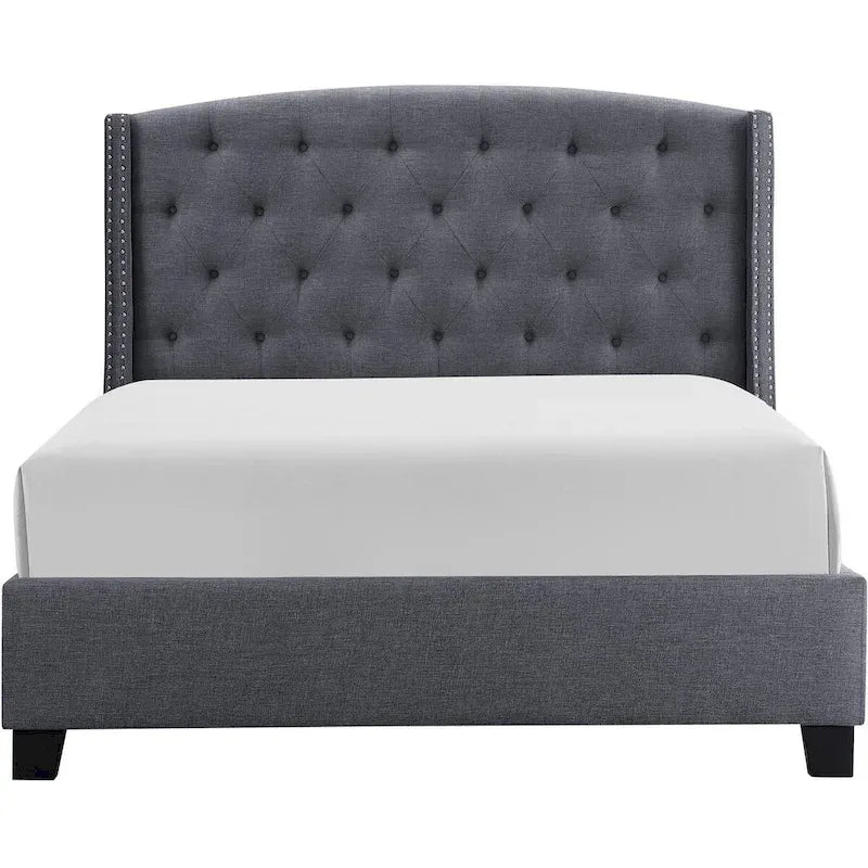 Lit King Size Elle, profil bas, tête de lit capitonnée, gris