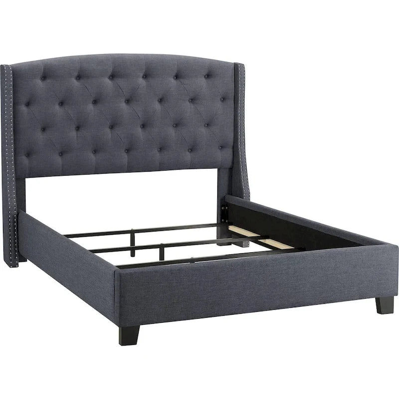 Lit King Size Elle, profil bas, tête de lit capitonnée, gris