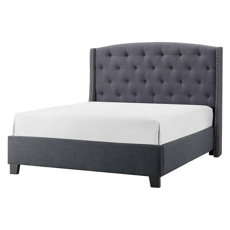 Lit King Size Elle, profil bas, tête de lit capitonnée, gris