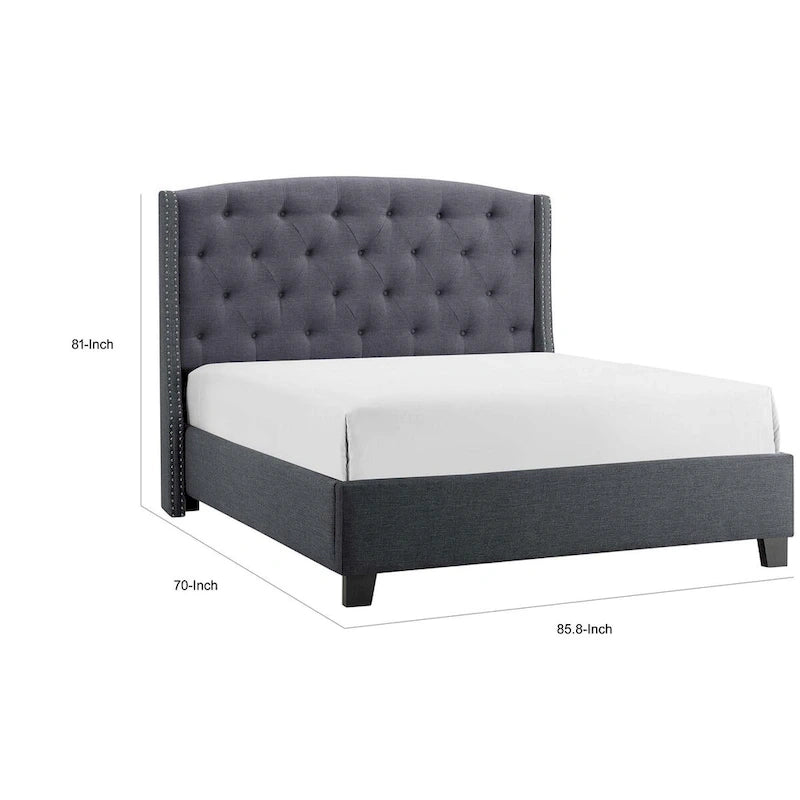 Lit King Size Elle, profil bas, tête de lit capitonnée, gris