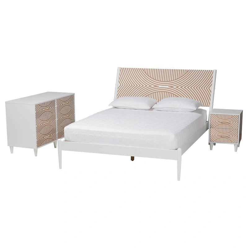 Ensemble de chambre Louetta Coastal White avec détails sculptés et contrastés (3 ou 4 pièces, plusieurs tailles de lit)