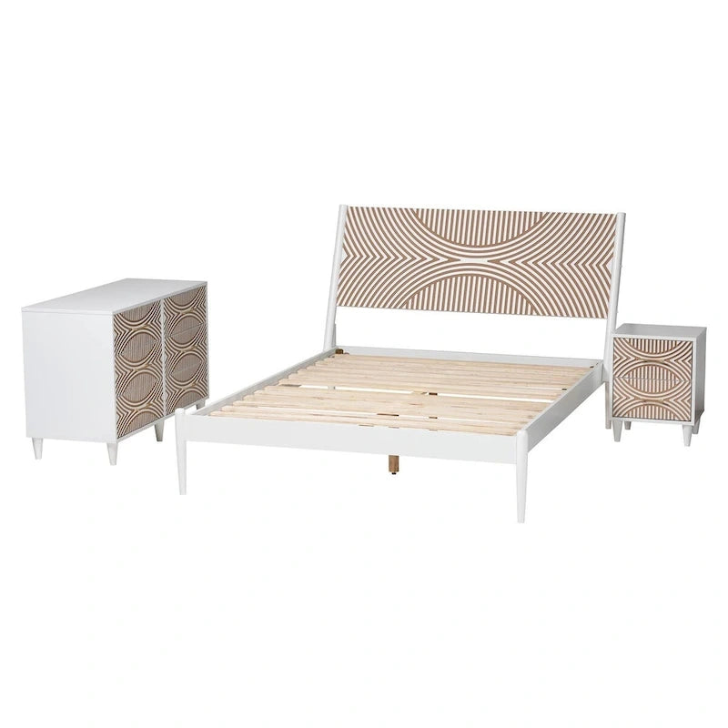Ensemble de chambre Louetta Coastal White avec détails sculptés et contrastés (3 ou 4 pièces, plusieurs tailles de lit)