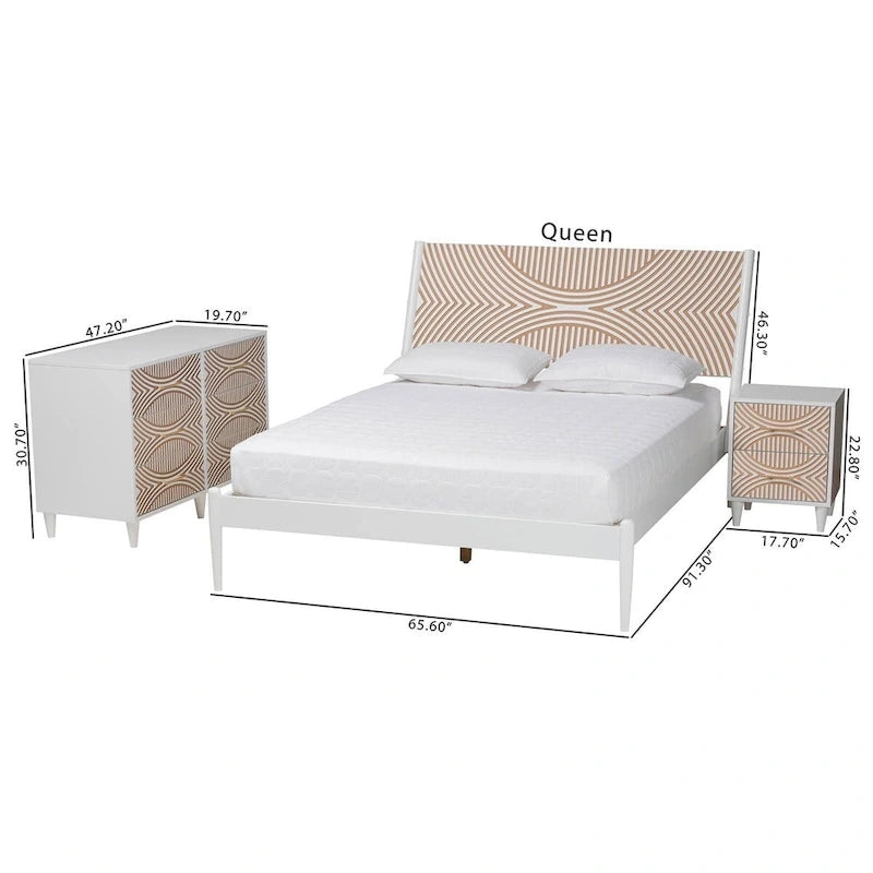 Ensemble de chambre Louetta Coastal White avec détails sculptés et contrastés (3 ou 4 pièces, plusieurs tailles de lit)