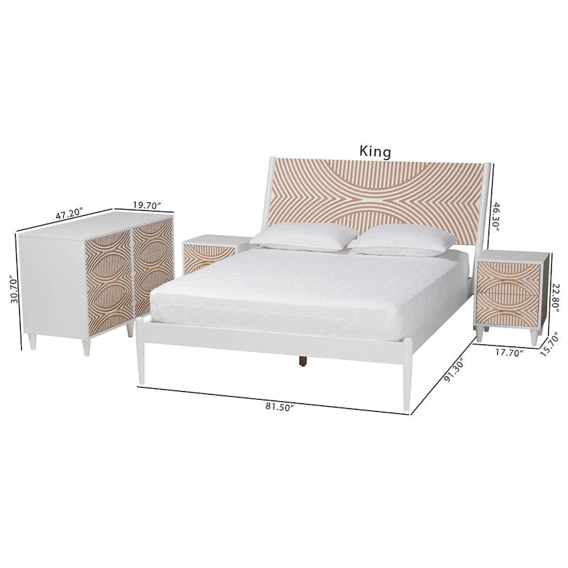 Ensemble de chambre Louetta Coastal White avec détails sculptés et contrastés (3 ou 4 pièces, plusieurs tailles de lit)