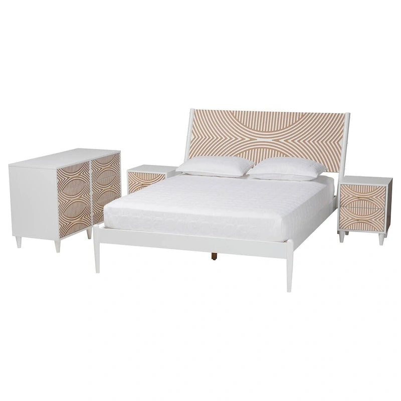 Ensemble de chambre Louetta Coastal White avec détails sculptés et contrastés (3 ou 4 pièces, plusieurs tailles de lit)