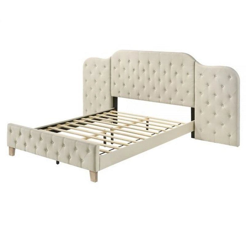 Lit Queen Size Ronny Inch, tête de lit murale, revêtement en lin touffeté beige