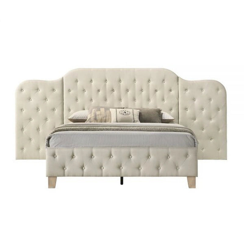 Lit Queen Size Ronny Inch, tête de lit murale, revêtement en lin touffeté beige