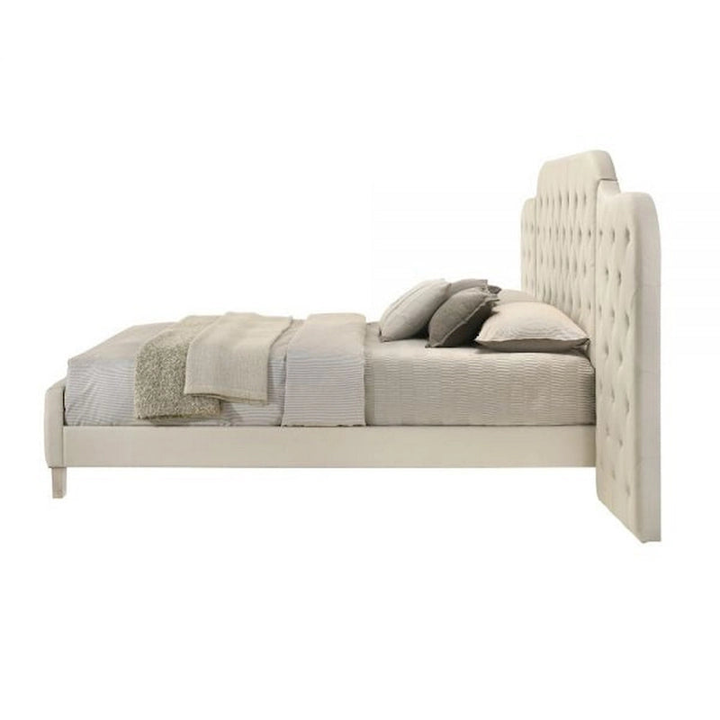 Lit Queen Size Ronny Inch, tête de lit murale, revêtement en lin touffeté beige